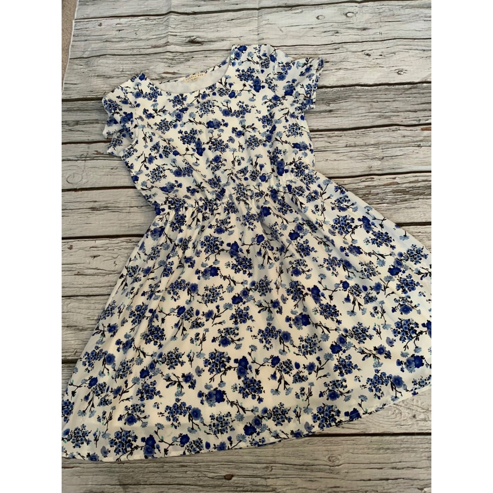 Copper Key Girls Large Blue White Floral Flutter Sleeve Elastic Waist Dress L